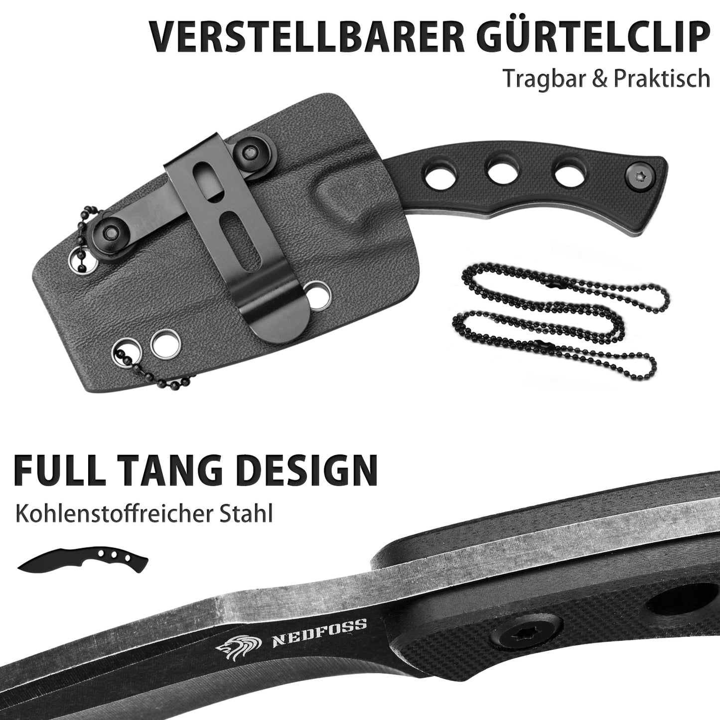 NedFoss SQUIRREL Couteau de cou avec chaîne, pleine soie, mini couteau d'extérieur, couteau Bushcraft avec étui Kydex noir