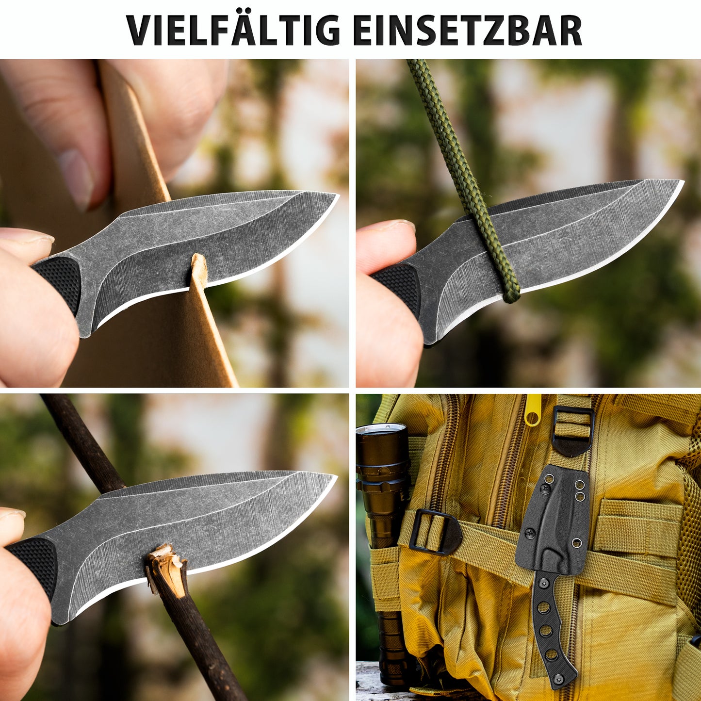 NedFoss SQUIRREL Couteau de cou avec chaîne, pleine soie, mini couteau d'extérieur, couteau Bushcraft avec étui Kydex noir