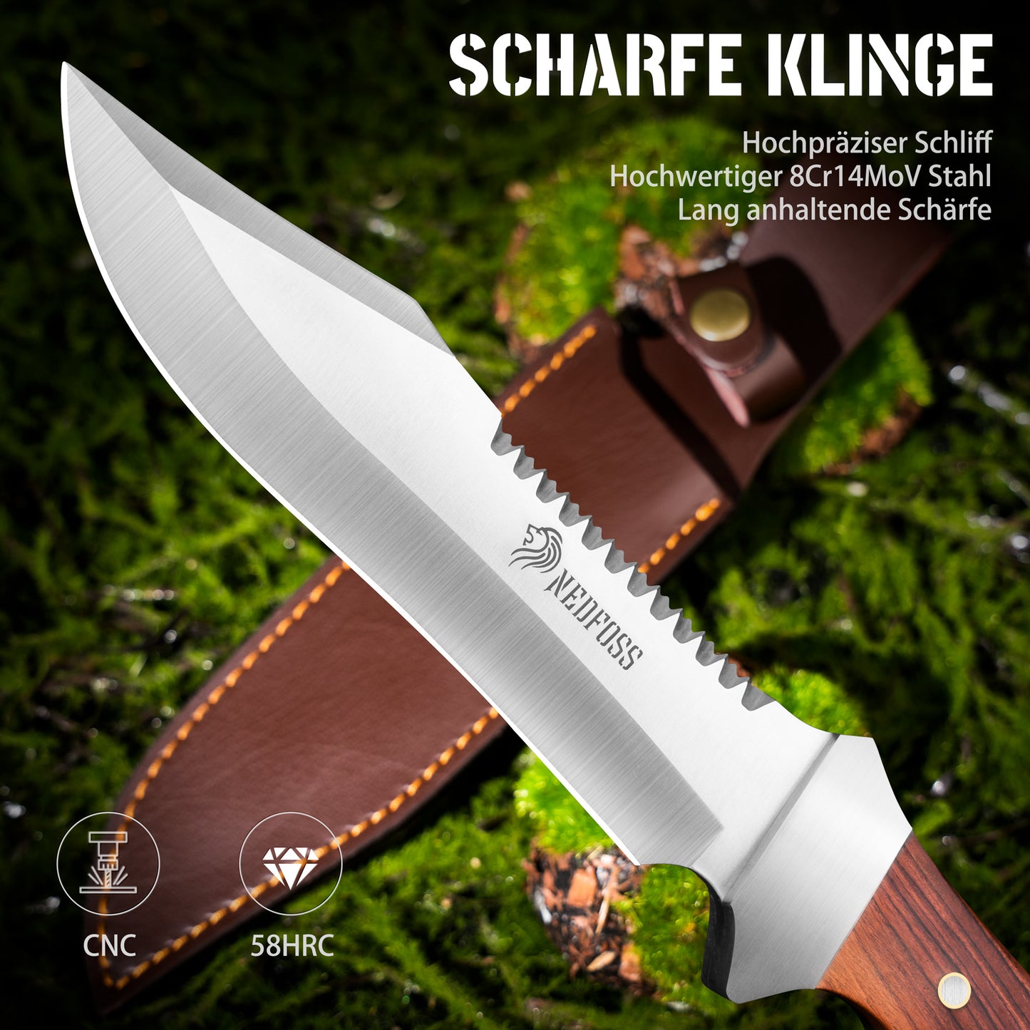 NedFoss JUNGLE-KING Hunting Knife, 33cm Fixed Outdoor Knife with Wooden Handle, Full Tang Bowie Knife with Holster, Large Survival Knife, Rambo Knife, Bushcraft Knife