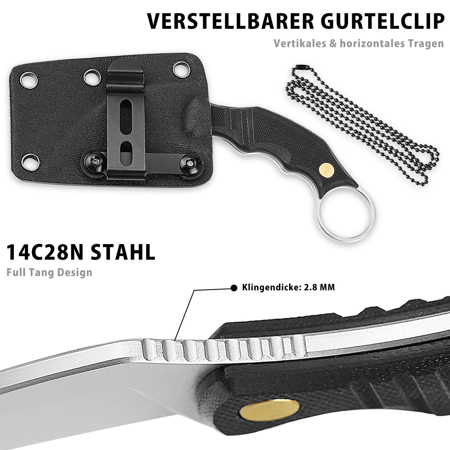 NedFoss Couteau d'extérieur VULTURE, couteau de survie FULL TANG en acier 14C28N de 6 cm avec manche G10 et étui Kydex, mini couteau à lame fixe dans une boîte cadeau pour collection, camping