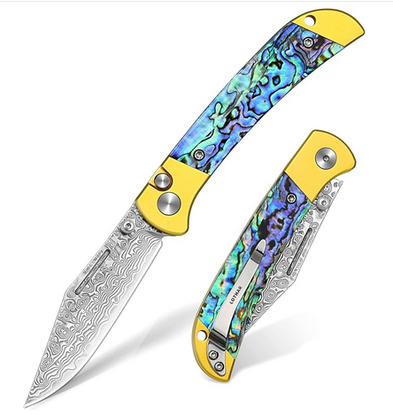 Damascus Handmade Folding Knife with Button Lock, Forged Damascus Steel, Abalone Shell Handle, and VG10 Steel