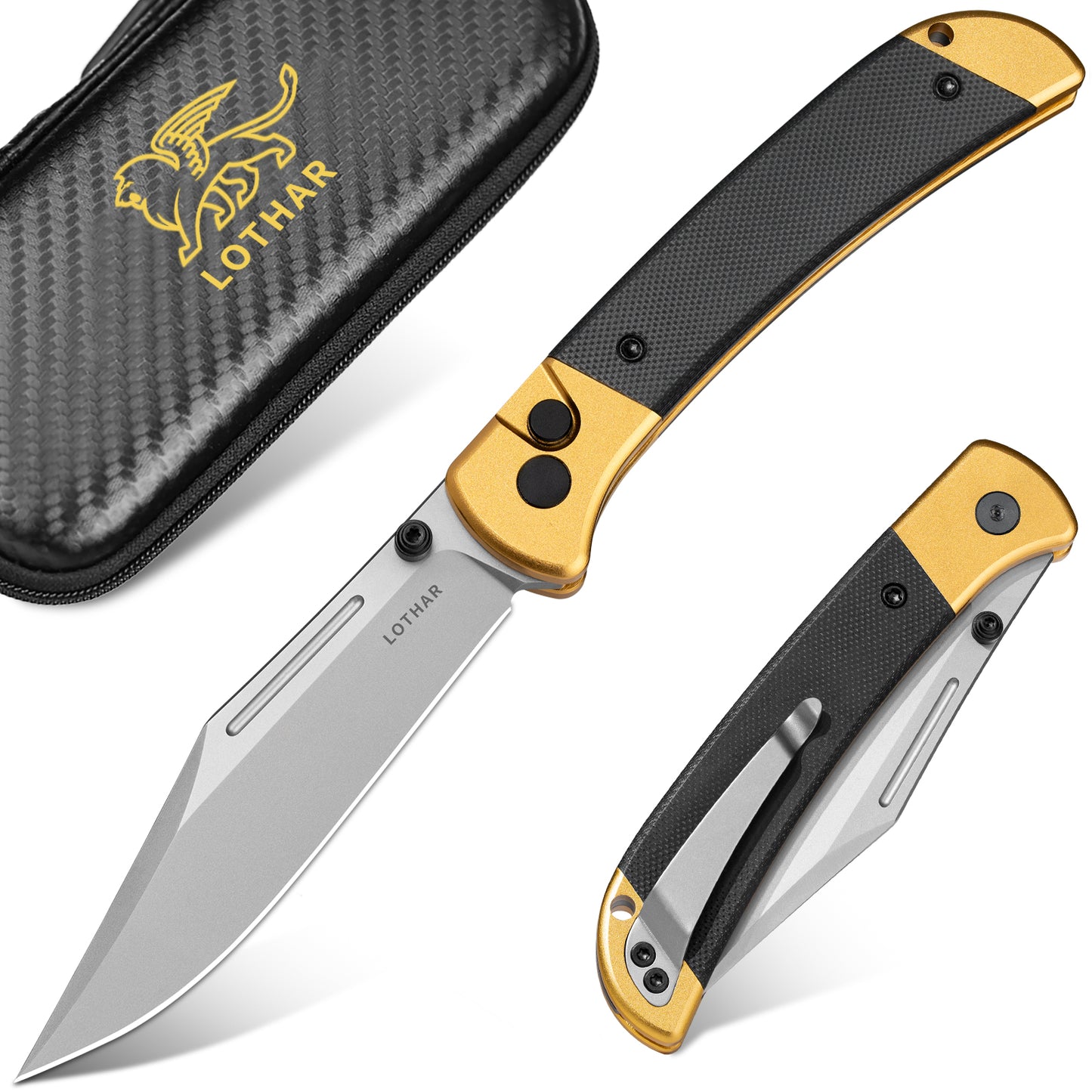 LOTHAR Falcon 3,43" Lame en acier VG10, couteau de poche pliant EDC avec fermeture à bouton et clip