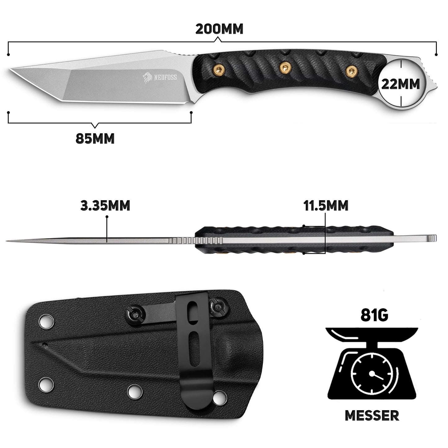 NedFoss PIONEER Hunting Knife, 8.5cm 14C28N Steel Full Tang Legal Outdoor Knife with G10 Handle & Adjustable Clip, Small Survival Knife with Kydex Sheath, Bushcraft knife 42a compliant, EDC Knife