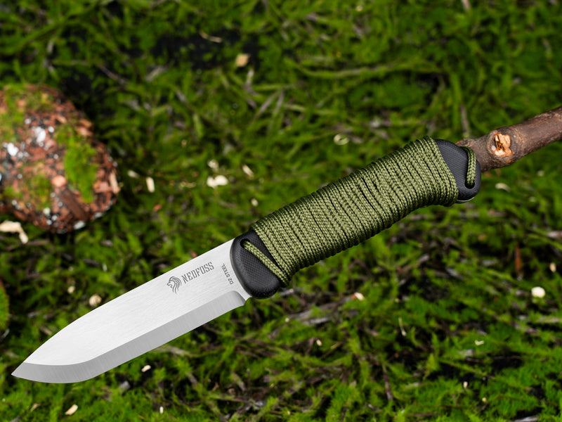 NedFoss BERGLÖWE Outdoor Knife, D2 Steel Survival Puukko with Scandi Grind, 11cm Full Tang Survival Knife with Fire Starter, Sharp Hunting Knife, Perfect Bushcraft Knife, Designed in Germany
