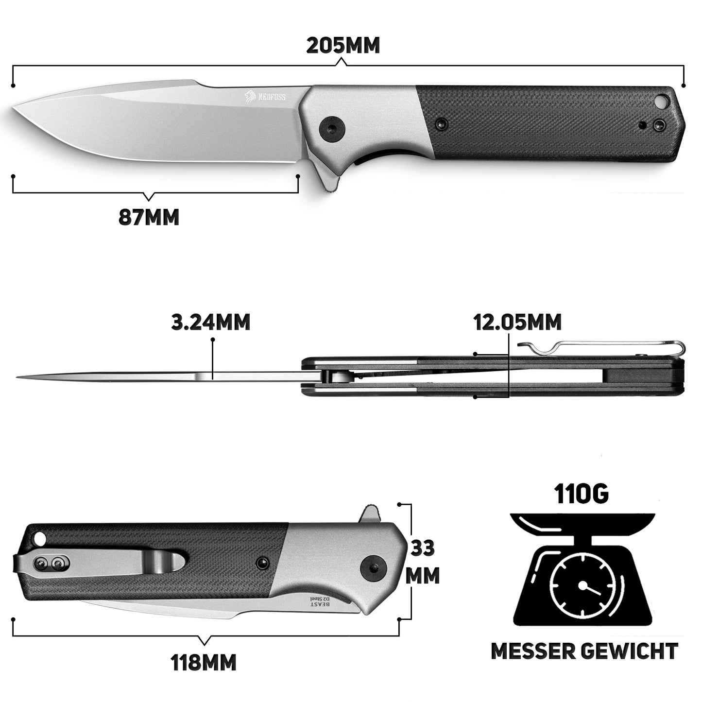 NedFoss BEAST Folding Knife, 8.7cm D2 Steel Blade Pocket Knife with G10 Handle, One-Handed Knife with Liner Lock & Ball Bearing, Outdoor Knife with Clip, Survival Knife for Collection & Gift