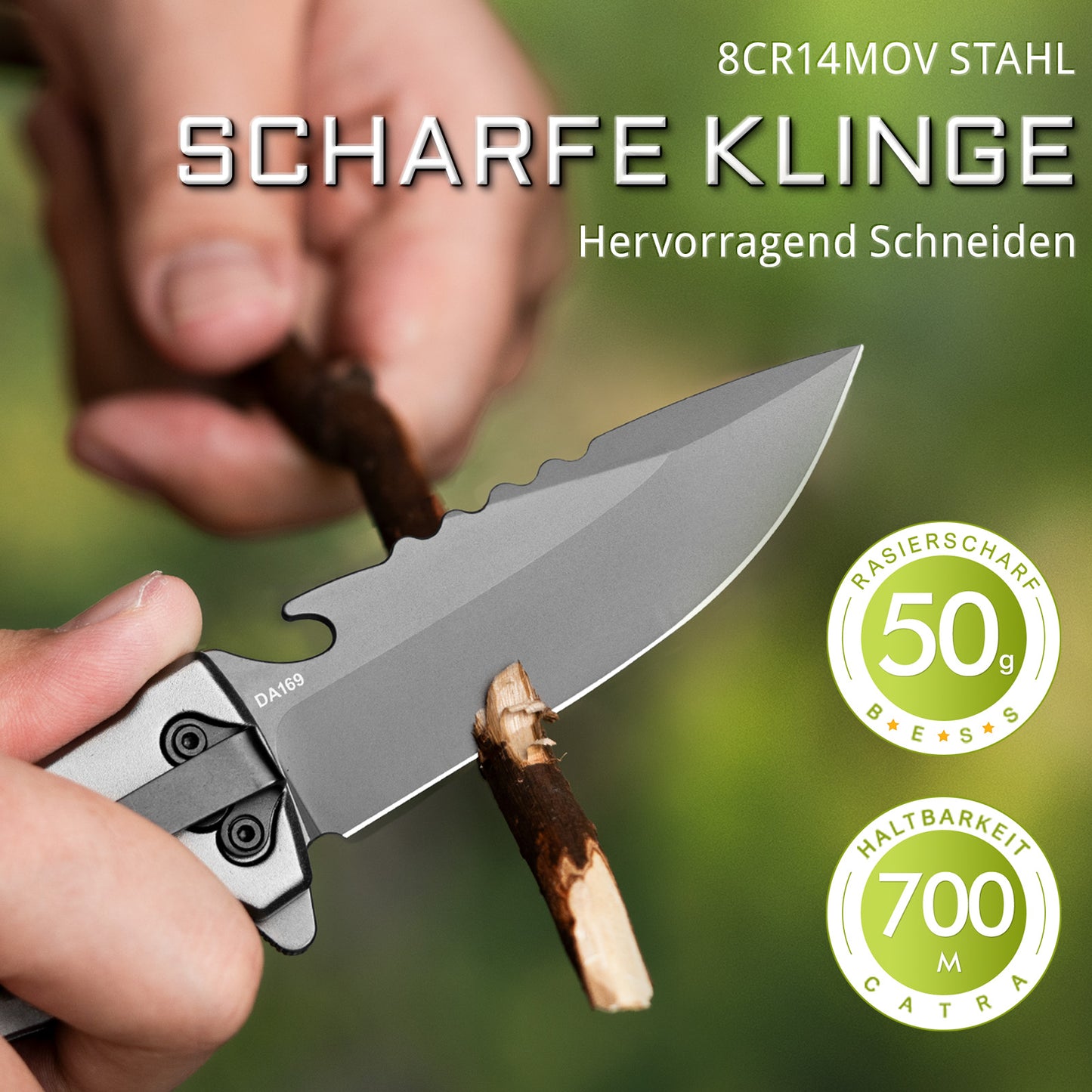 NedFoss DA169 Folding Knife, 9.5 CM Pocket Knife with Belt Cutter & Glass Breaker & Bottle Opener, One-Handed Knife with Liner Lock & Ball Bearings, Rescue Knife for Car, Survival Rescue Knife Outdoor