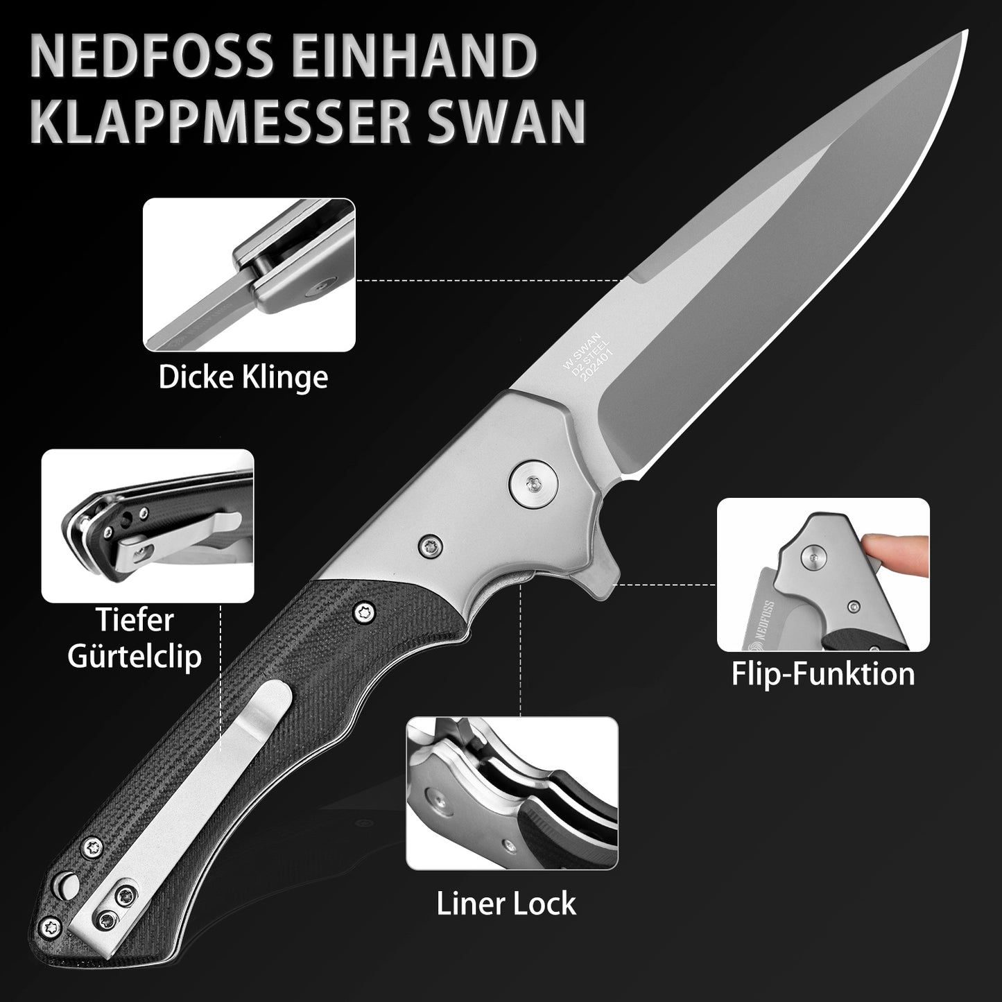 NedFoss SWAN Couteau pliant aiguisé, Couteau de poche pliant, Couteau pliant tranchant d'extérieur en acier D2, Couteau de chasse avec manche G10, Couteau à ouverture à une main, Couteau pliant de survie avec clip de ceinture