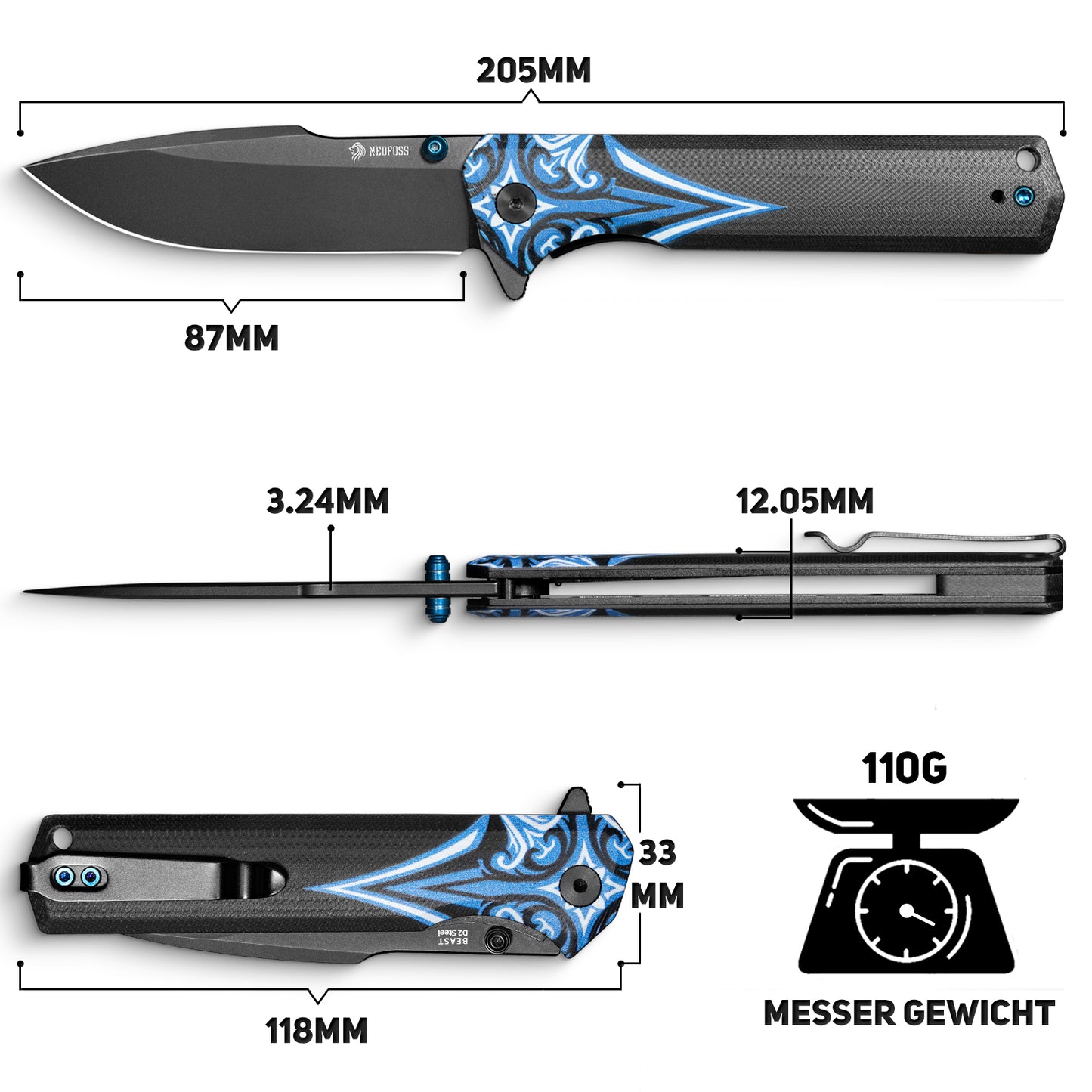 NedFoss BEAST Folding Knife, 8.7cm D2 Steel Blade Pocket Knife with G10 Handle, One-Handed Knife with Liner Lock & Ball Bearing, Outdoor Knife with Clip, Survival Knife for Collection & Gift