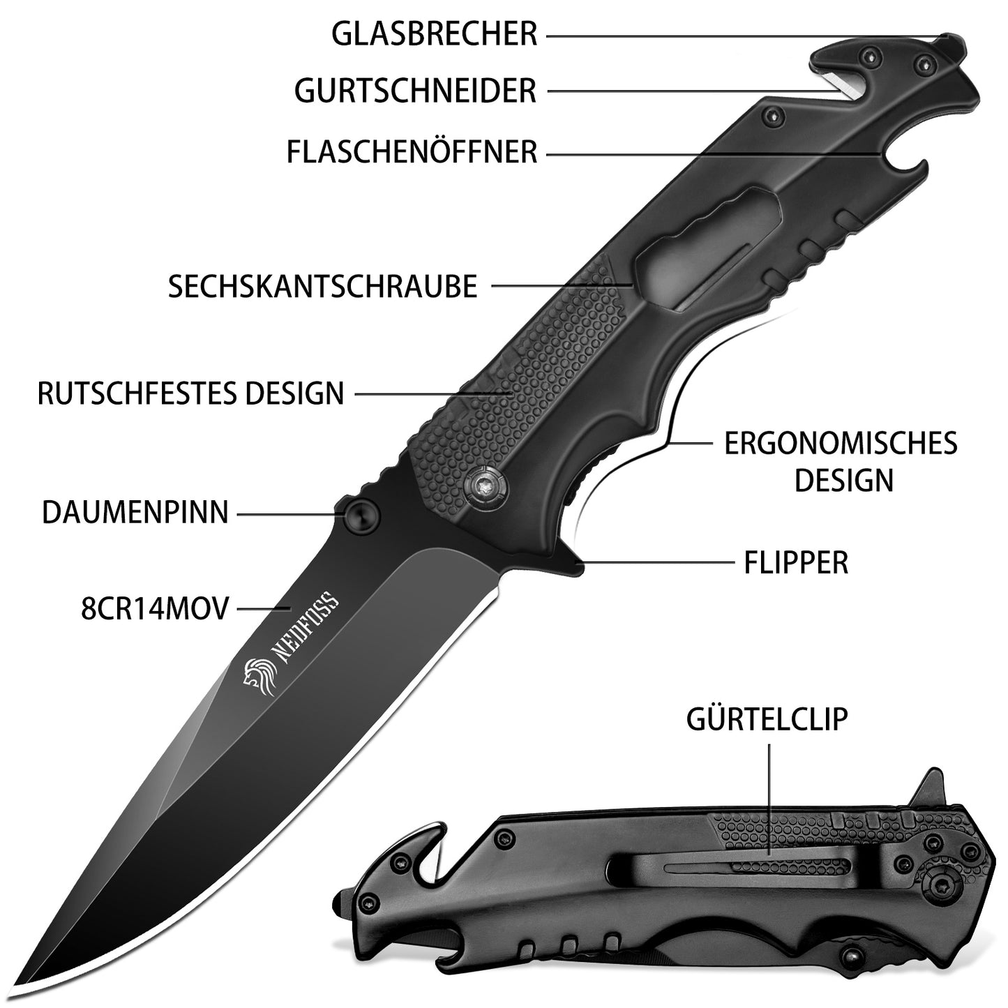 NedFoss FA48 Couteau pliant, couteau de poche d'extérieur 4 en 1, couteau de survie à une main, couteau de sauvetage tranchant avec décapsuleur, coupe-ceinture et brise-vitre