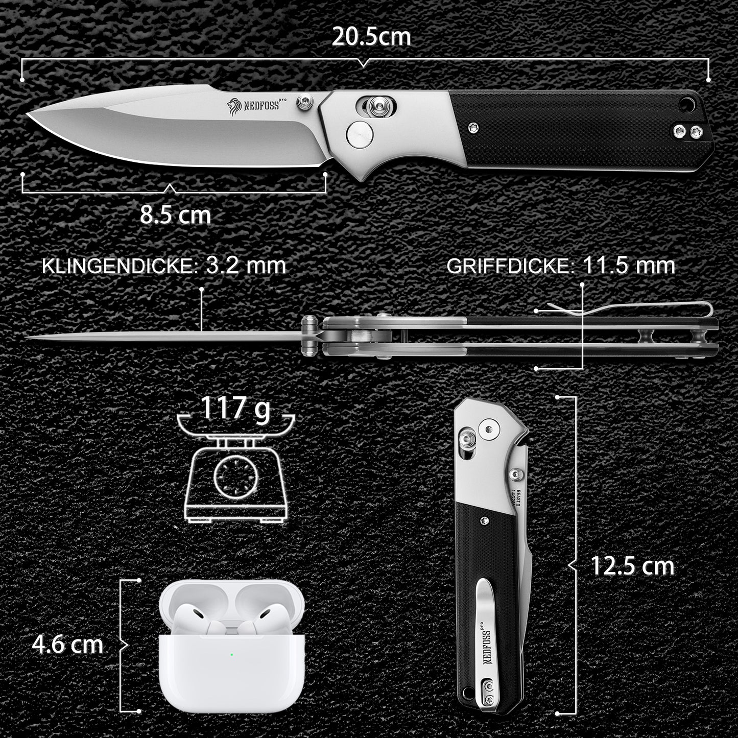 Couteau pliant NedFoss BEAST III, couteau de poche en acier 14C28N de 8,5 cm avec Axis-Lock, couteau à ouverture à une main avec manche G10, couteau d'extérieur avec clip de ceinture, couteau de survie pour la vie quotidienne, collection et cadeau