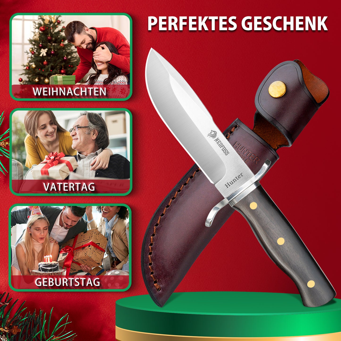 NedFoss HUNTER Couteau de chasse, 11 cm Couteau Bowie en D2 et manche en bois de rose avec étui en cuir exquis, Couteau de survie pour l'extérieur, Extra-tranchant (Noir)