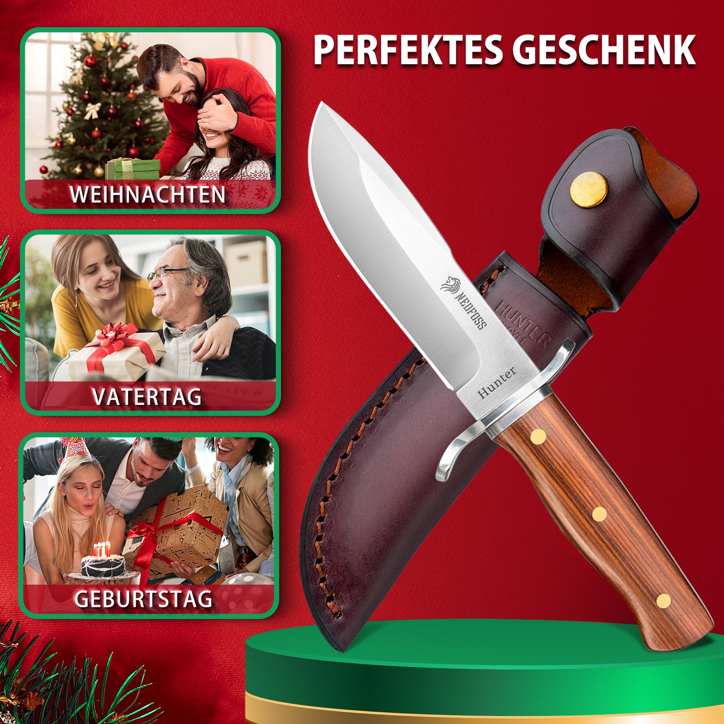 NedFoss HUNTER Couteau de Chasse, Couteau Bowie de 11 cm en D2 et Manche en Bois de Rose avec Étui en Cuir Exquis, Couteau de Survie pour l'Extérieur, Extra Aiguisé (Marron)