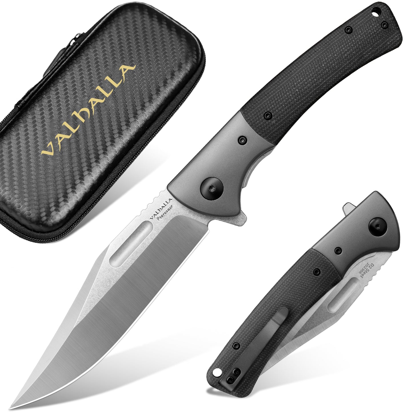 LOTHAR PTEROSAUR Couteau pliant, couteau à ouverture à une main en acier D2 avec manche Micarta, couteau de poche avec clip de ceinture, couteau d'extérieur, convient pour la collection