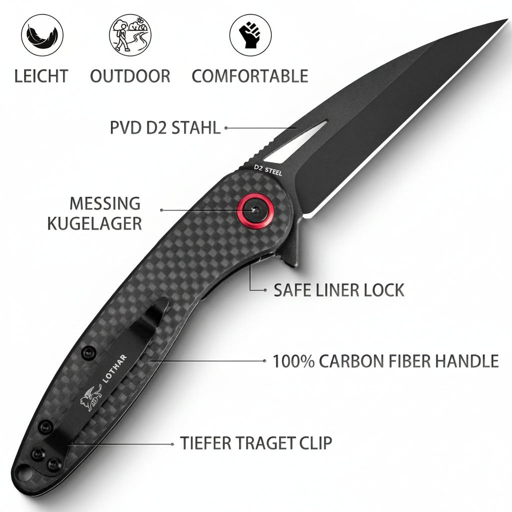 LOTHAR Seagull 3" D2 Stahlklinge Liner Lock EDC Messer mit Carbonfasergriff