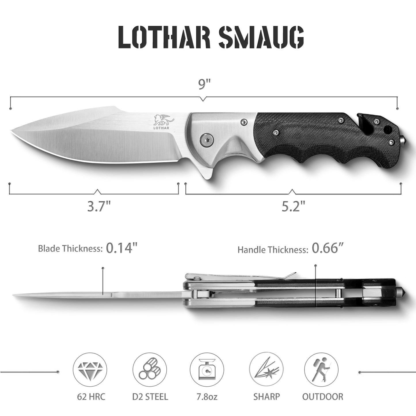 LOTHAR SMAUG Rescue Knife, 9.4CM Folding Knife Made of D2 Steel with Glass Breaker & Seatbelt Cutter, G10 Handle One-Handed Knife with Clip, Robust Outdoor Knife, Rescue Knife for Camping, Hunting, Emergencies