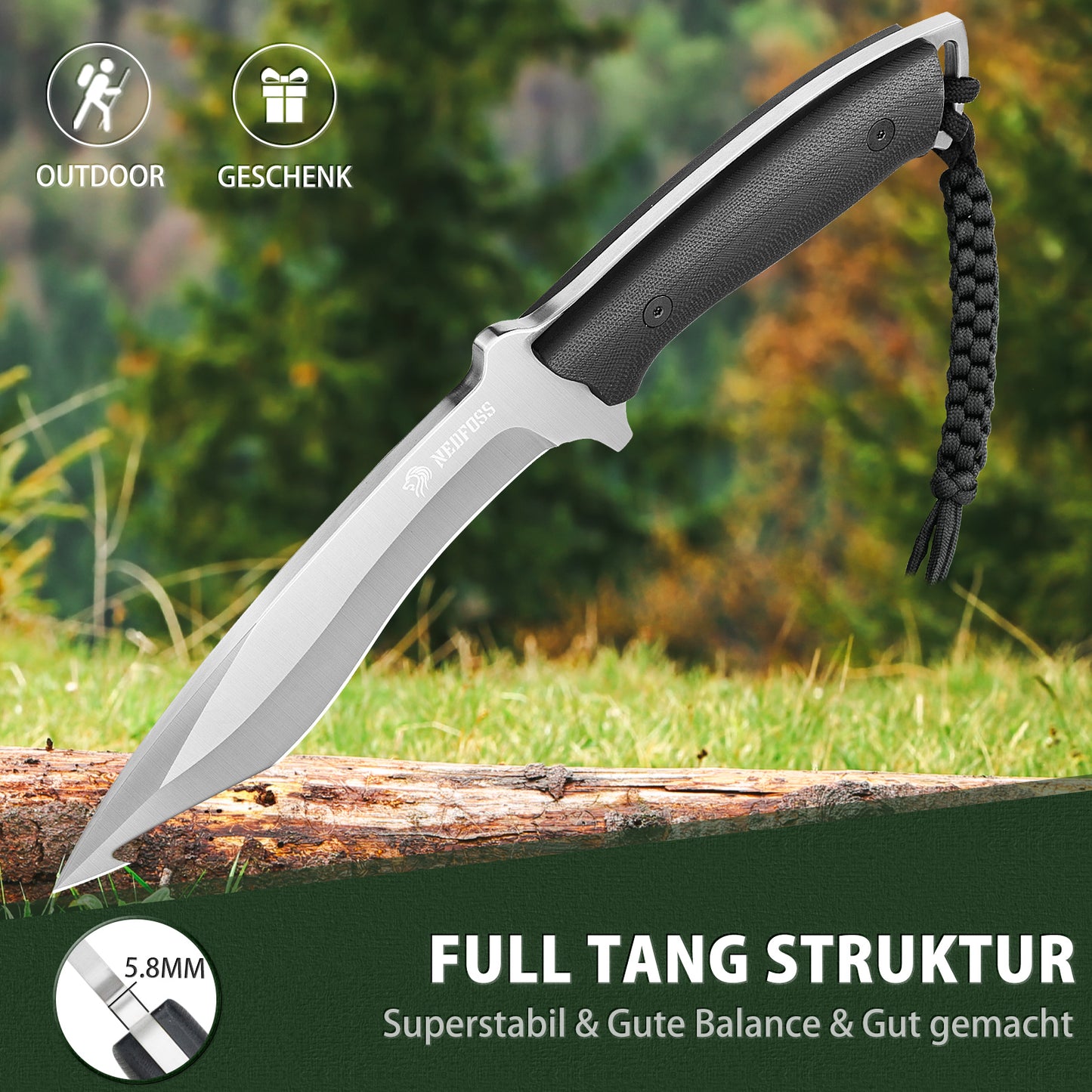 NedFoss BIG-DOG Outdoor Knife, 16.5CM Full Tang Hunting Knife with Kydex Sheath & G10 Handle, 5.5CM Thick Large Survival Knife