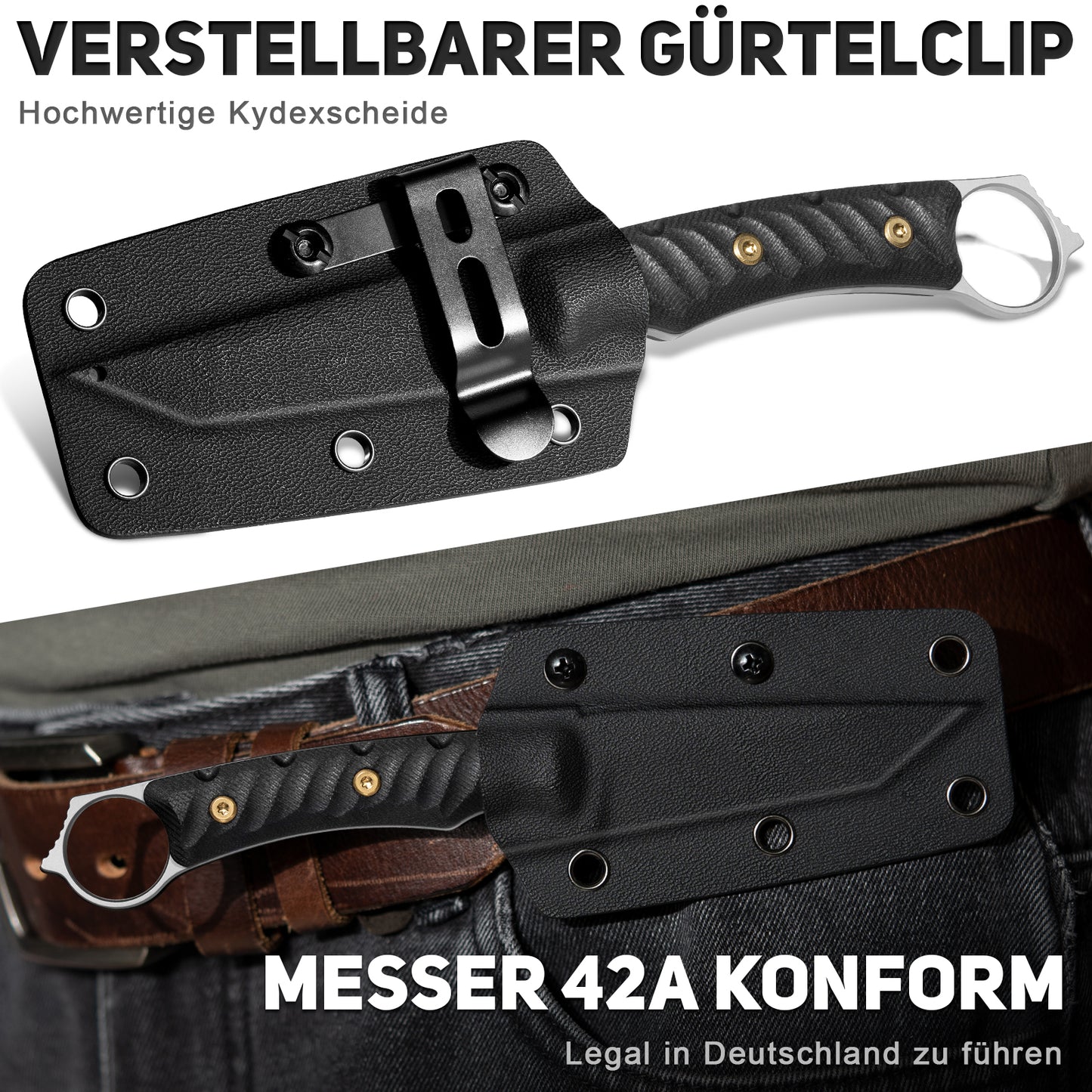 NedFoss PIONEER Hunting Knife, 8.5cm 14C28N Steel Full Tang Legal Outdoor Knife with G10 Handle & Adjustable Clip, Small Survival Knife with Kydex Sheath, Bushcraft knife 42a compliant, EDC Knife