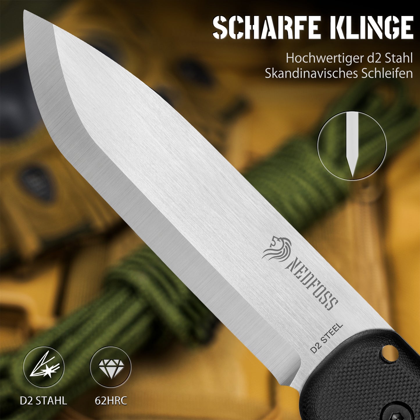 NedFoss BERGLÖWE Outdoor Knife, D2 Steel Survival Puukko with Scandi Grind, 11cm Full Tang Survival Knife with Fire Starter, Sharp Hunting Knife, Perfect Bushcraft Knife, Designed in Germany