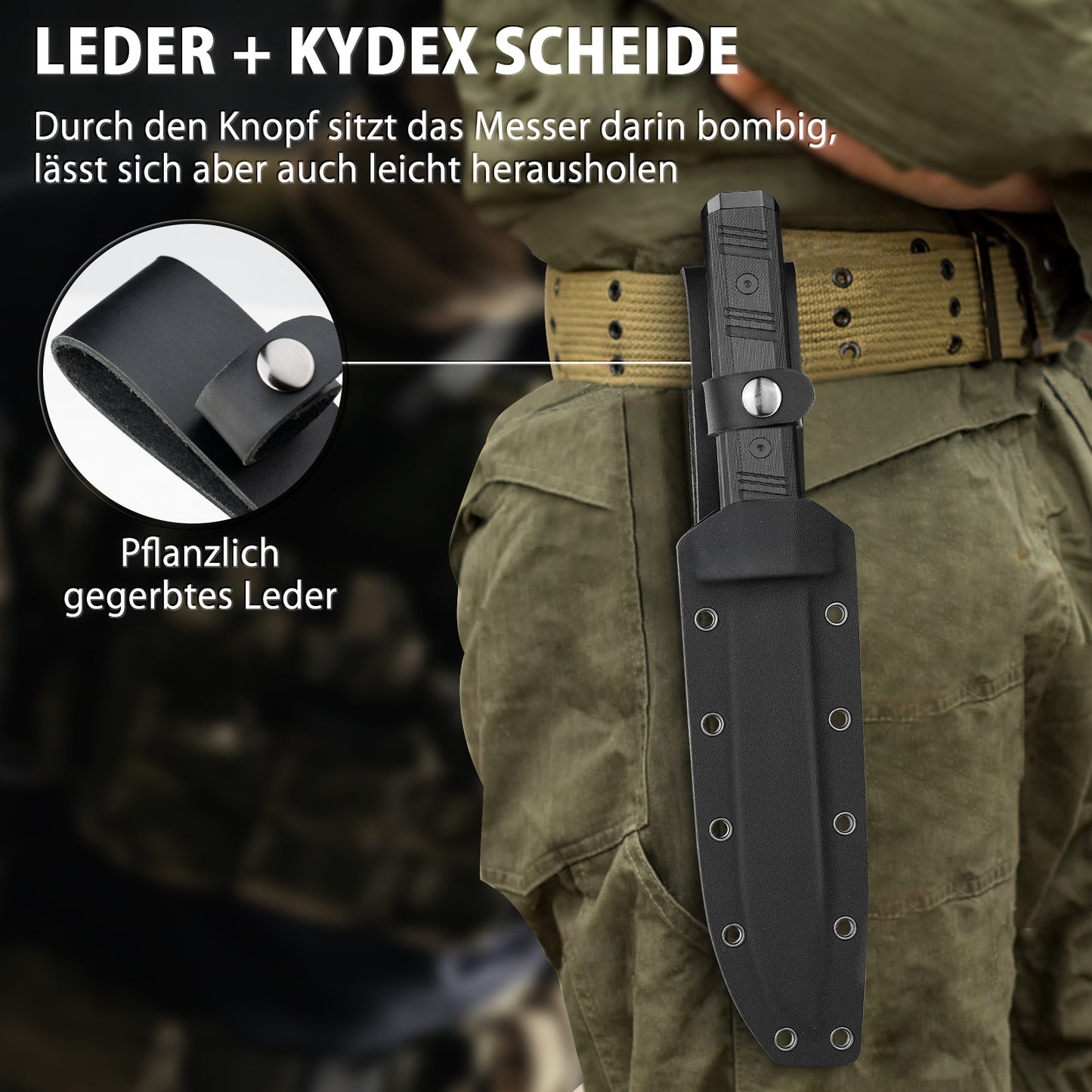 NedFoss BRAVE Couteau Bowie, 17,2CM Acier D2 Full Tang Couteau d'extérieur avec manche G10 et étui Kydex, Couteau de survie en Titane