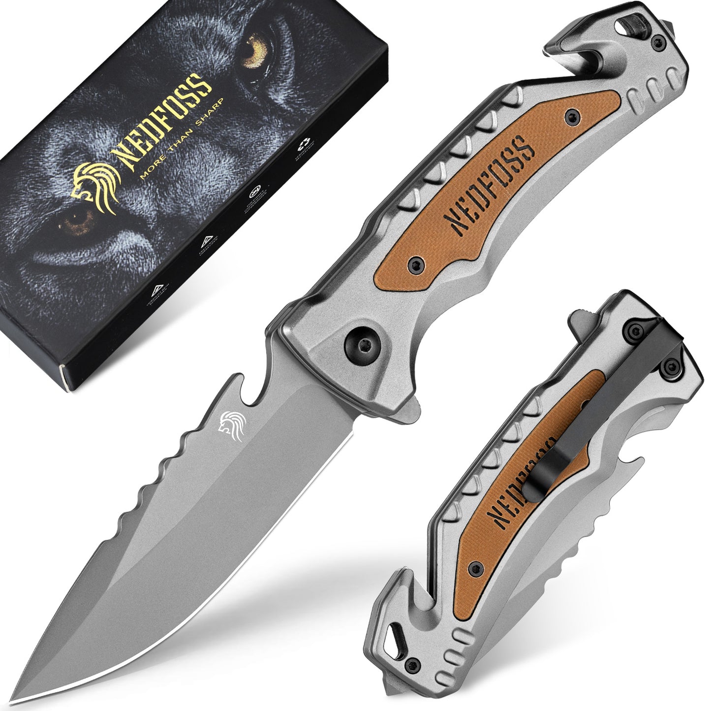 NedFoss DA169 Folding Knife, 9.5 CM Pocket Knife with Belt Cutter & Glass Breaker & Bottle Opener, One-Handed Knife with Liner Lock & Ball Bearings, Rescue Knife for Car, Survival Rescue Knife Outdoor