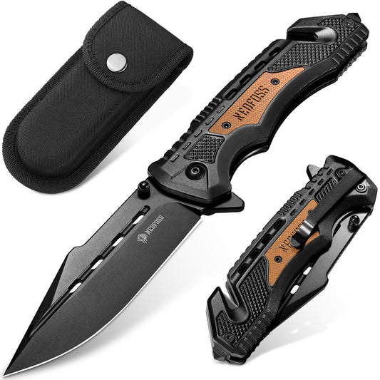 NedFoss DA76 Professional Rescue Knife, 10cm Folding Knife with Seatbelt Cutter & Glass Breaker, Pocket Knife with Liner Lock & Ball Bearings, One-Handed Knife for Car, Outdoor Emergency Knife with Belt Clip