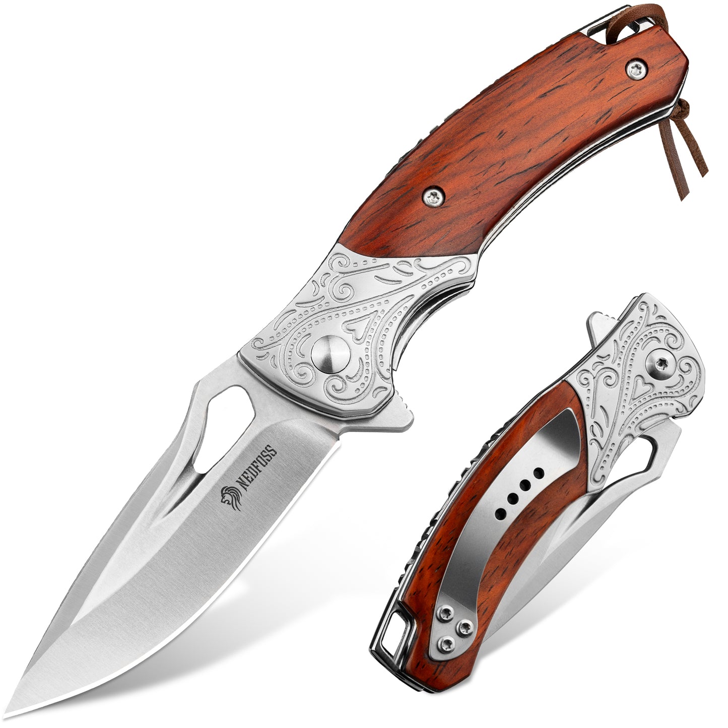 NedFoss HERON Couteau pliant, 7cm 14C28N Acier Couteau à une main avec manche en bois, Couteau de poche tranchant avec Liner Lock & roulement à billes, Couteau d'extérieur avec clip, Couteau de survie dans une boîte cadeau pour collection