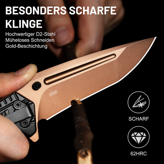 NedFoss Folding Knife, 9cm D2 Steel One-Handed Knife with Aluminum Handle, Pocket Knife with Liner Lock, Outdoor Knife with Clip, Survival Knife for Collection & Gift