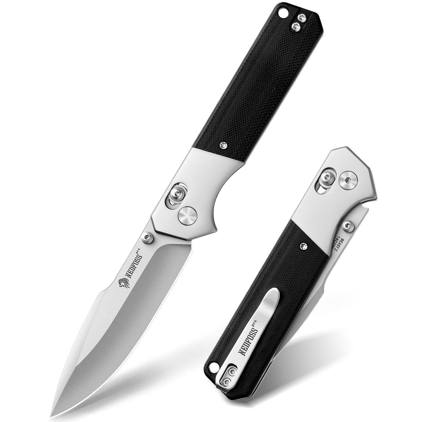 Couteau pliant NedFoss BEAST III, couteau de poche en acier 14C28N de 8,5 cm avec Axis-Lock, couteau à ouverture à une main avec manche G10, couteau d'extérieur avec clip de ceinture, couteau de survie pour la vie quotidienne, collection et cadeau
