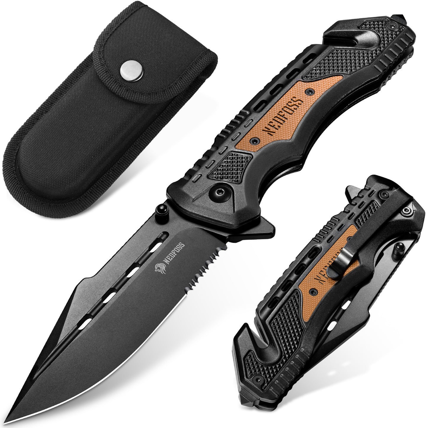 NedFoss DA76 Professional Rescue Knife, 10cm Folding Knife with Seatbelt Cutter & Glass Breaker, Pocket Knife with Liner Lock & Ball Bearing, One-Handed Knife for Car, Outdoor Emergency Knife with Belt Clip