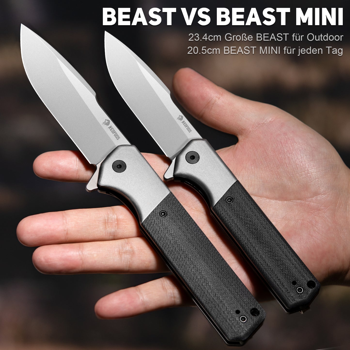 NedFoss BEAST Folding Knife, 8.7cm D2 Steel Blade Pocket Knife with G10 Handle, One-Handed Knife with Liner Lock & Ball Bearing, Outdoor Knife with Clip, Survival Knife for Collection & Gift