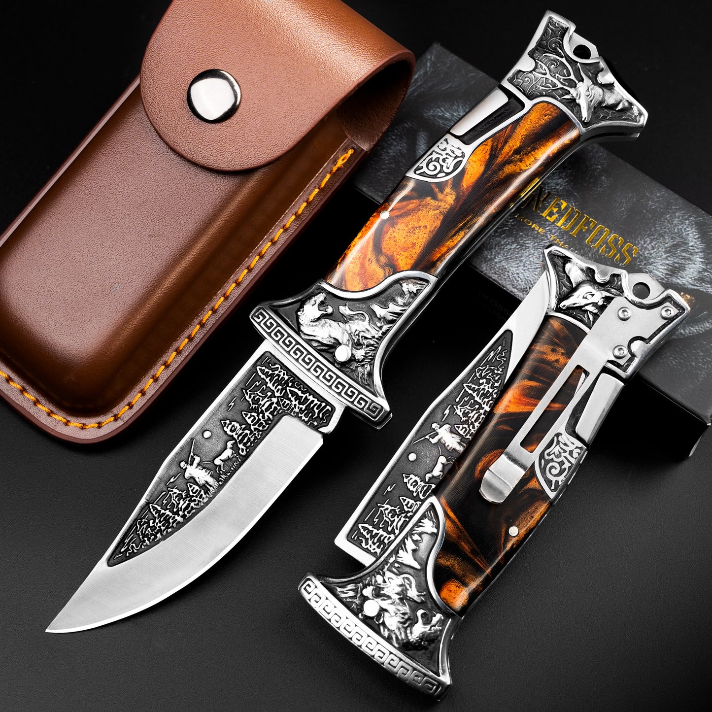 Nedfoss TIGER ROAR Two-Hand Folding Knife, TIGER ROAR Pocket Knife with Belt Clip, EDC Knife with Back Lock, Outdoor & Hunting Folding Knife in Beautiful Design, Sharp