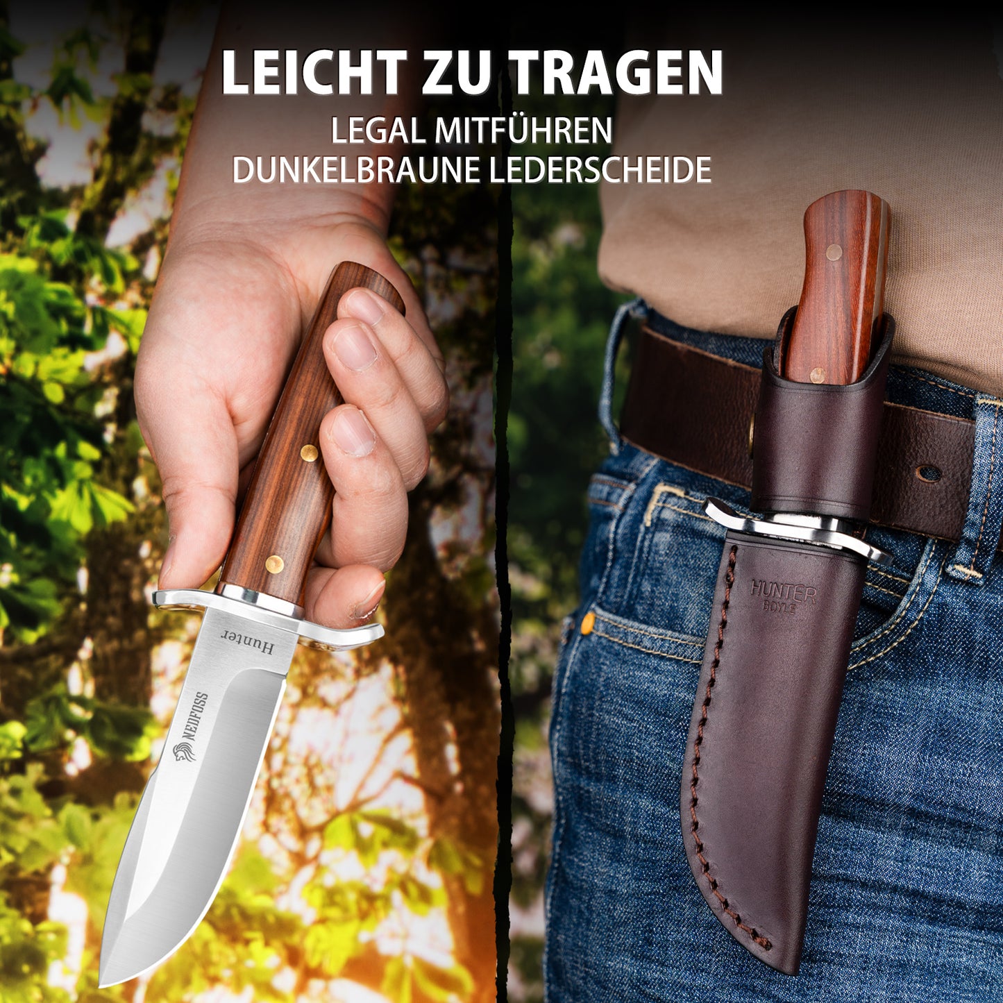 NedFoss HUNTER Couteau de Chasse, Couteau Bowie de 11 cm en D2 et Manche en Bois de Rose avec Étui en Cuir Exquis, Couteau de Survie pour l'Extérieur, Extra Aiguisé (Marron)