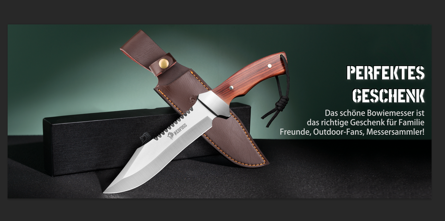 NedFoss JUNGLE-KING Hunting Knife, 33cm Fixed Outdoor Knife with Wooden Handle, Full Tang Bowie Knife with Holster, Large Survival Knife, Rambo Knife, Bushcraft Knife