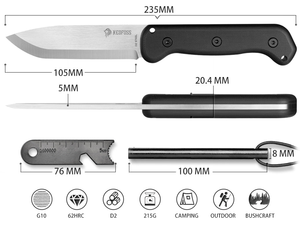 NedFoss BERGLÖWE Outdoor Knife, D2 Steel Survival Puukko with Scandi Grind, 11cm Full Tang Survival Knife with Fire Starter, Sharp Hunting Knife, Perfect Bushcraft Knife, Designed in Germany