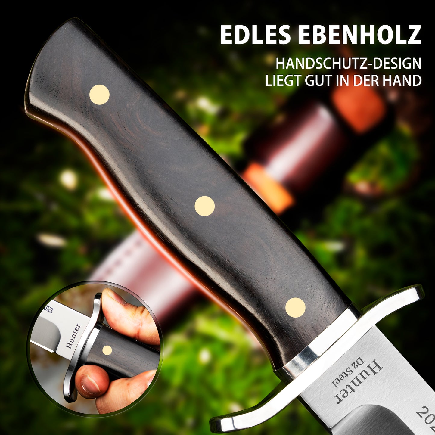 NedFoss HUNTER Couteau de chasse, 11 cm Couteau Bowie en D2 et manche en bois de rose avec étui en cuir exquis, Couteau de survie pour l'extérieur, Extra-tranchant (Noir)