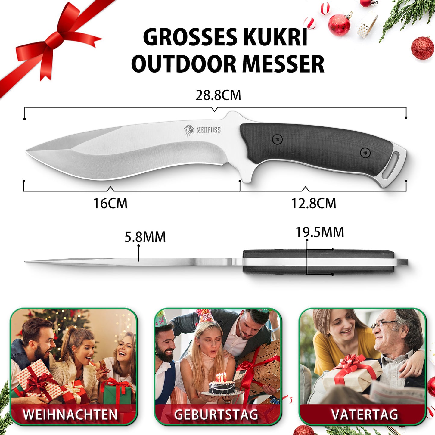 NedFoss BIG-DOG Outdoor Knife, 16.5CM Full Tang Hunting Knife with Kydex Sheath & G10 Handle, 5.5CM Thick Large Survival Knife