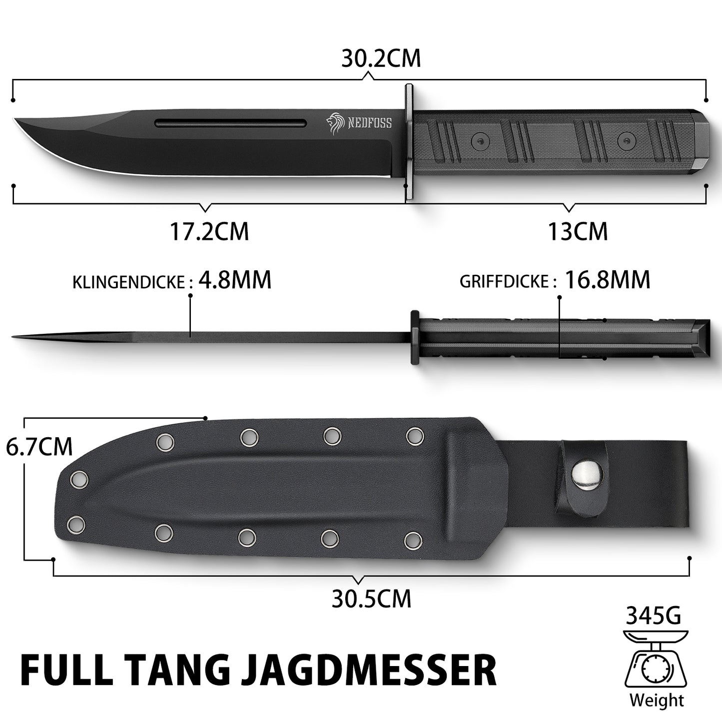 NedFoss BRAVE Couteau Bowie, 17,2CM Acier D2 Full Tang Couteau d'extérieur avec manche G10 et étui Kydex, Couteau de survie en Titane