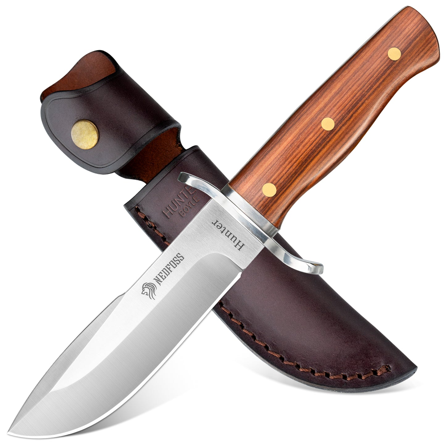 NedFoss HUNTER Couteau de Chasse, Couteau Bowie de 11 cm en D2 et Manche en Bois de Rose avec Étui en Cuir Exquis, Couteau de Survie pour l'Extérieur, Extra Aiguisé (Marron)