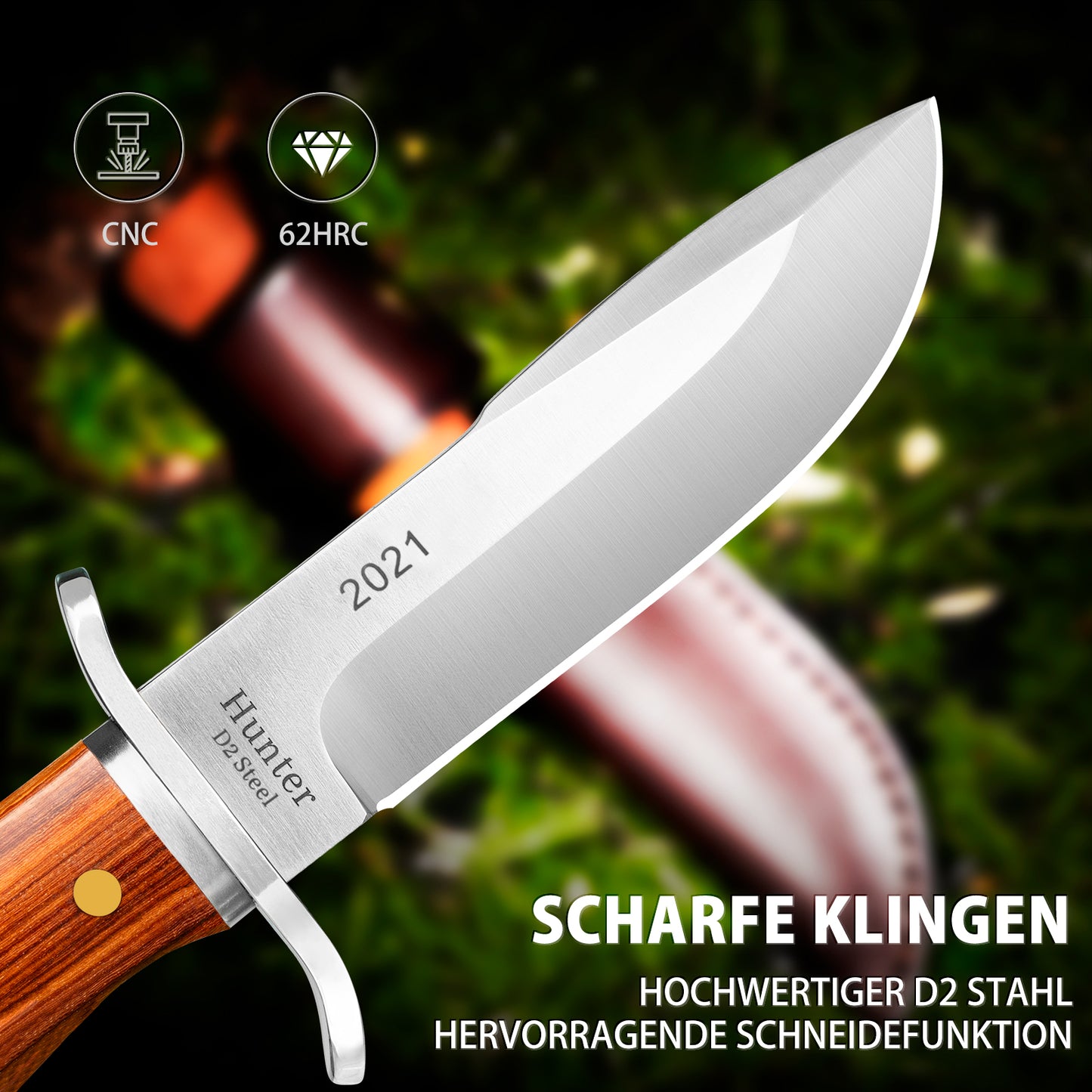 NedFoss HUNTER Couteau de Chasse, Couteau Bowie de 11 cm en D2 et Manche en Bois de Rose avec Étui en Cuir Exquis, Couteau de Survie pour l'Extérieur, Extra Aiguisé (Marron)