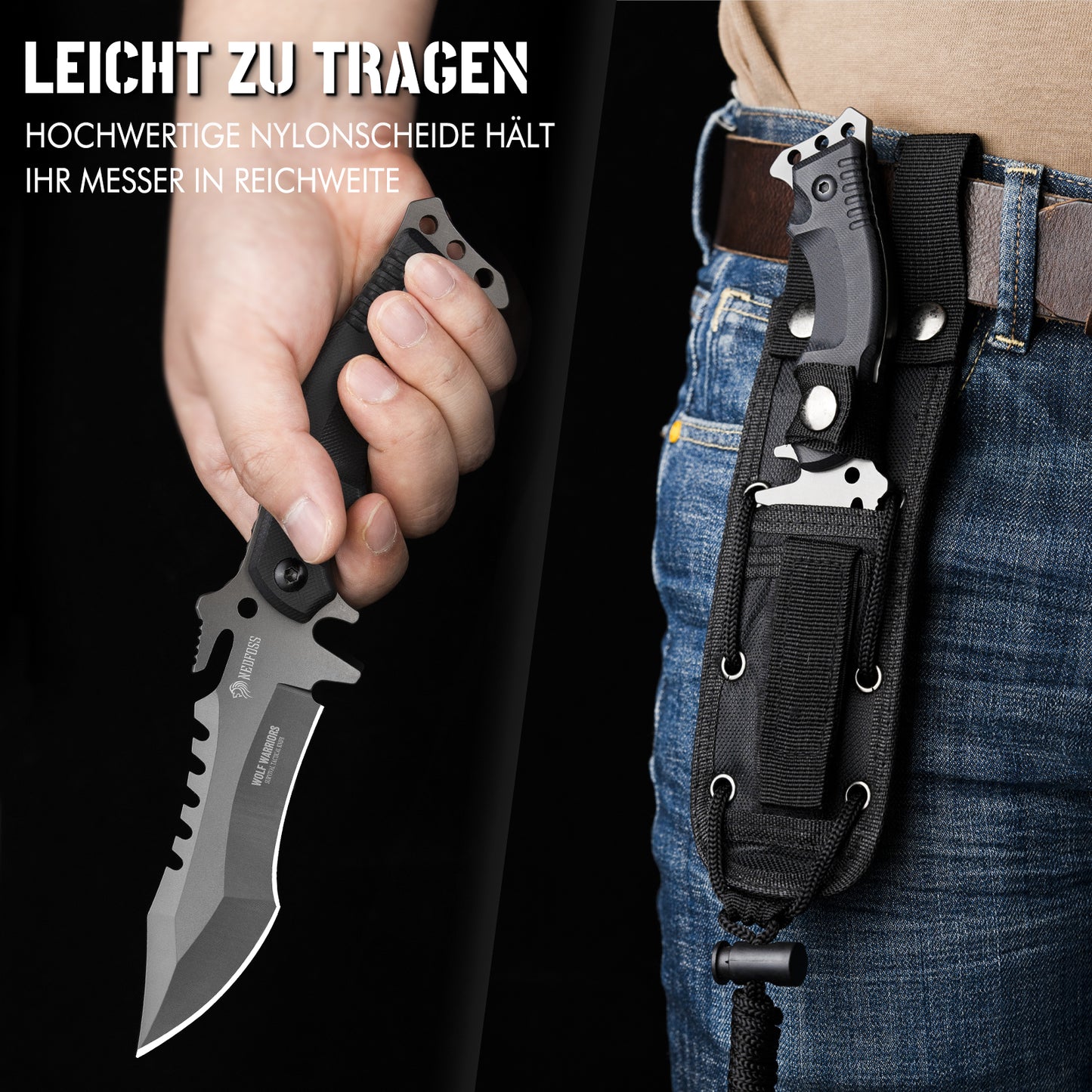 NedFoss WOLF Outdoor Survival Knife, Tactical Belt Knife, Survival Bushcraft Knife, Premium Quality, Black