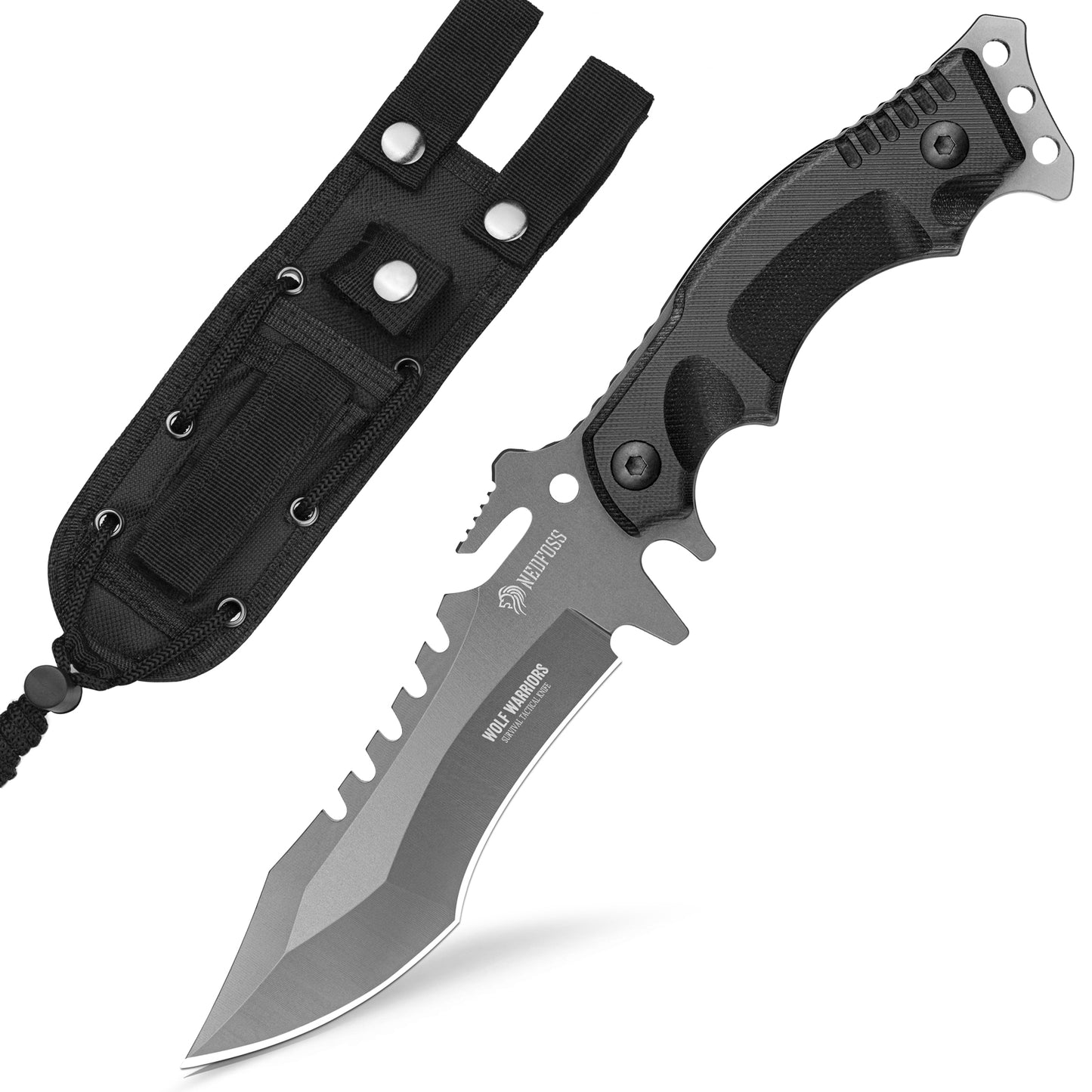 NedFoss WOLF Outdoor Survival Knife, Tactical Belt Knife, Survival Bushcraft Knife, Premium Quality, Black
