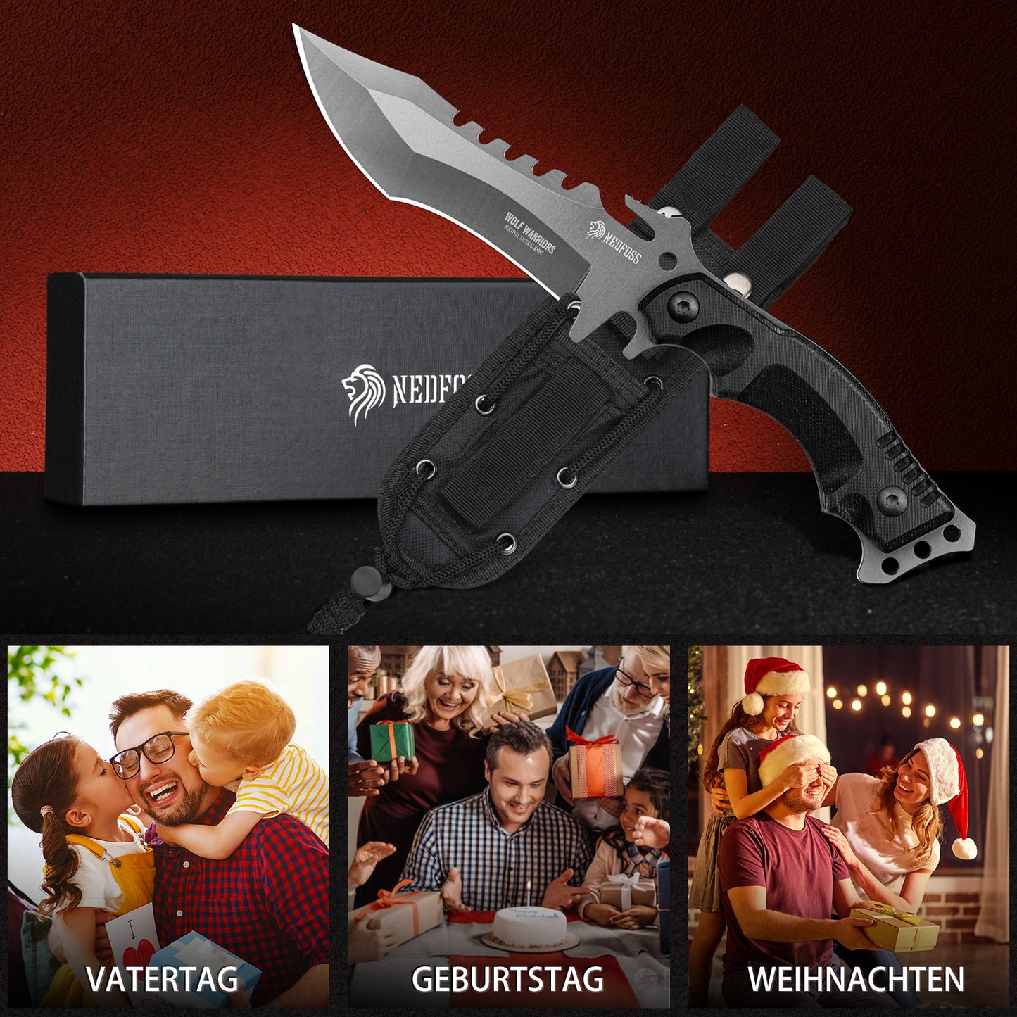 NedFoss WOLF Outdoor Survival Knife, Tactical Belt Knife, Survival Bushcraft Knife, Premium Quality, Black