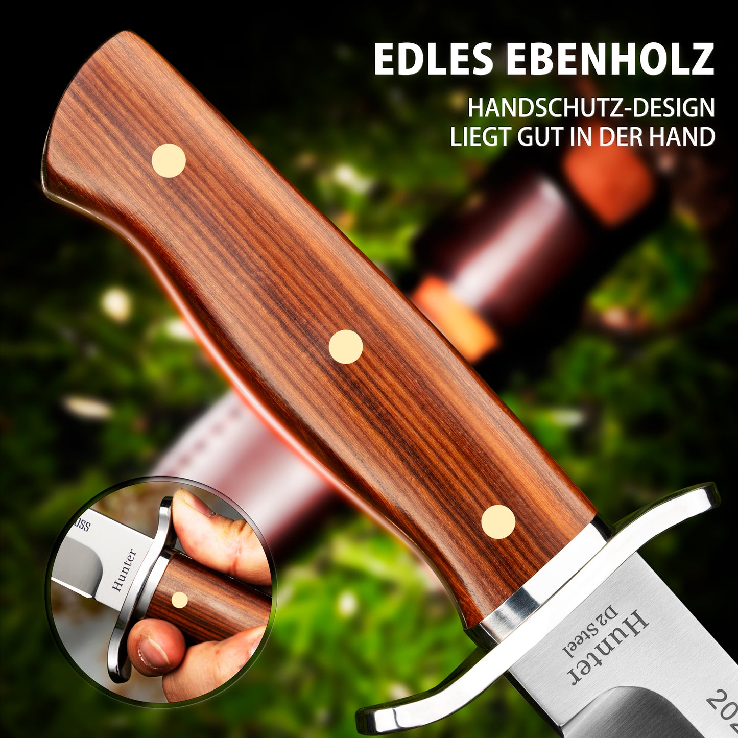 NedFoss HUNTER Couteau de Chasse, Couteau Bowie de 11 cm en D2 et Manche en Bois de Rose avec Étui en Cuir Exquis, Couteau de Survie pour l'Extérieur, Extra Aiguisé (Marron)