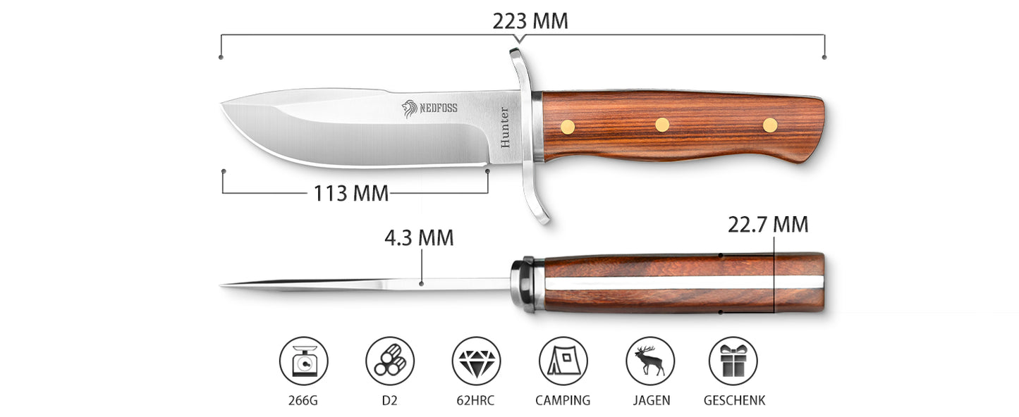 NedFoss HUNTER Couteau de chasse, 11 cm Couteau Bowie en D2 et manche en bois de rose avec étui en cuir exquis, Couteau de survie pour l'extérieur, Extra-tranchant (Noir)