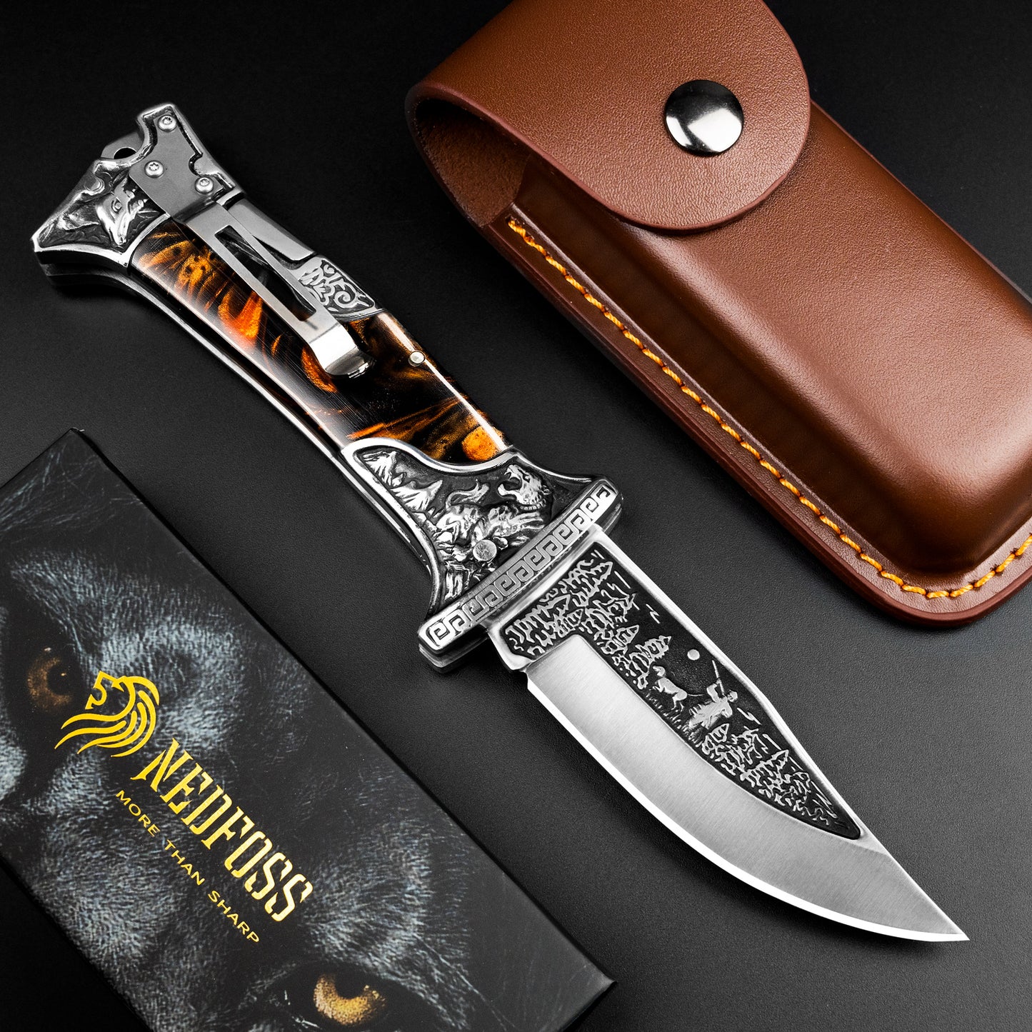 Nedfoss TIGER ROAR Two-Hand Folding Knife, TIGER ROAR Pocket Knife with Belt Clip, EDC Knife with Back Lock, Outdoor & Hunting Folding Knife in Beautiful Design, Sharp
