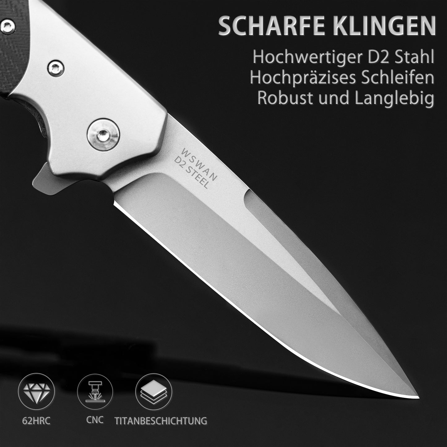 NedFoss SWAN Couteau pliant aiguisé, Couteau de poche pliant, Couteau pliant tranchant d'extérieur en acier D2, Couteau de chasse avec manche G10, Couteau à ouverture à une main, Couteau pliant de survie avec clip de ceinture