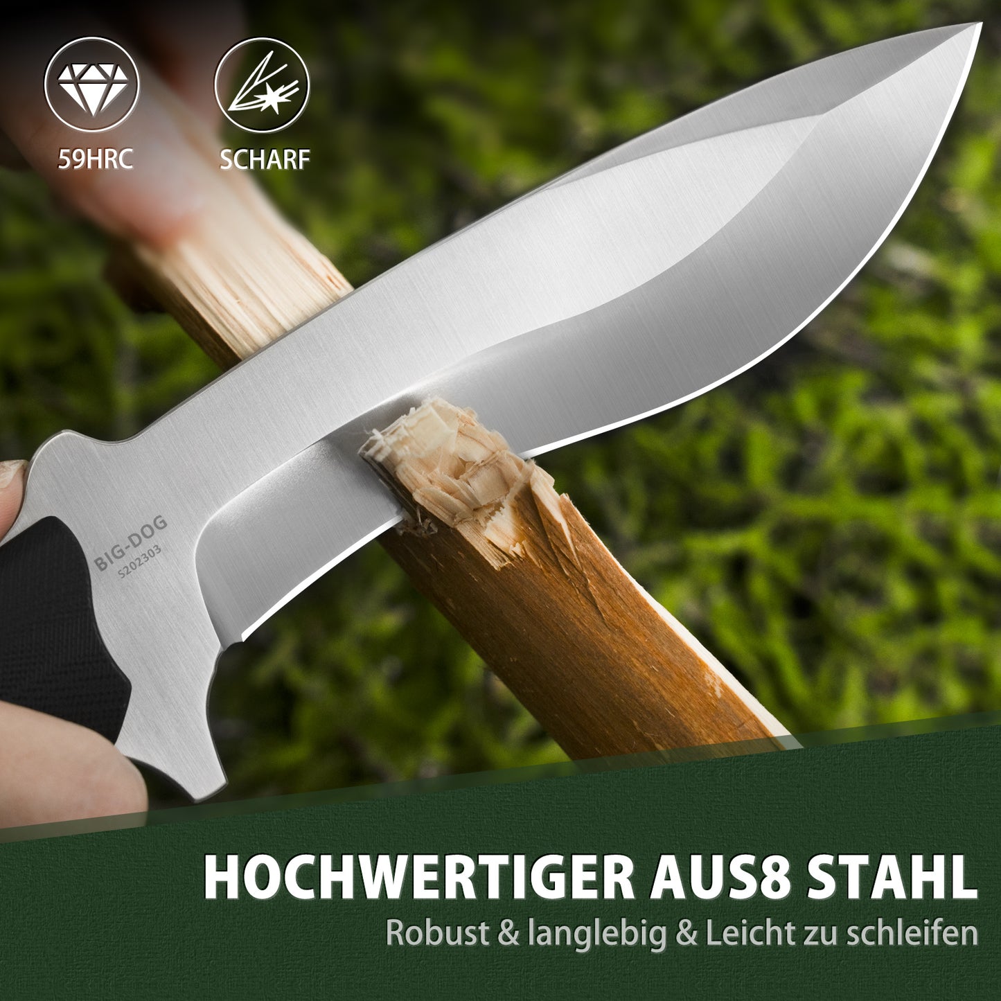 NedFoss BIG-DOG Outdoor Knife, 16.5CM Full Tang Hunting Knife with Kydex Sheath & G10 Handle, 5.5CM Thick Large Survival Knife