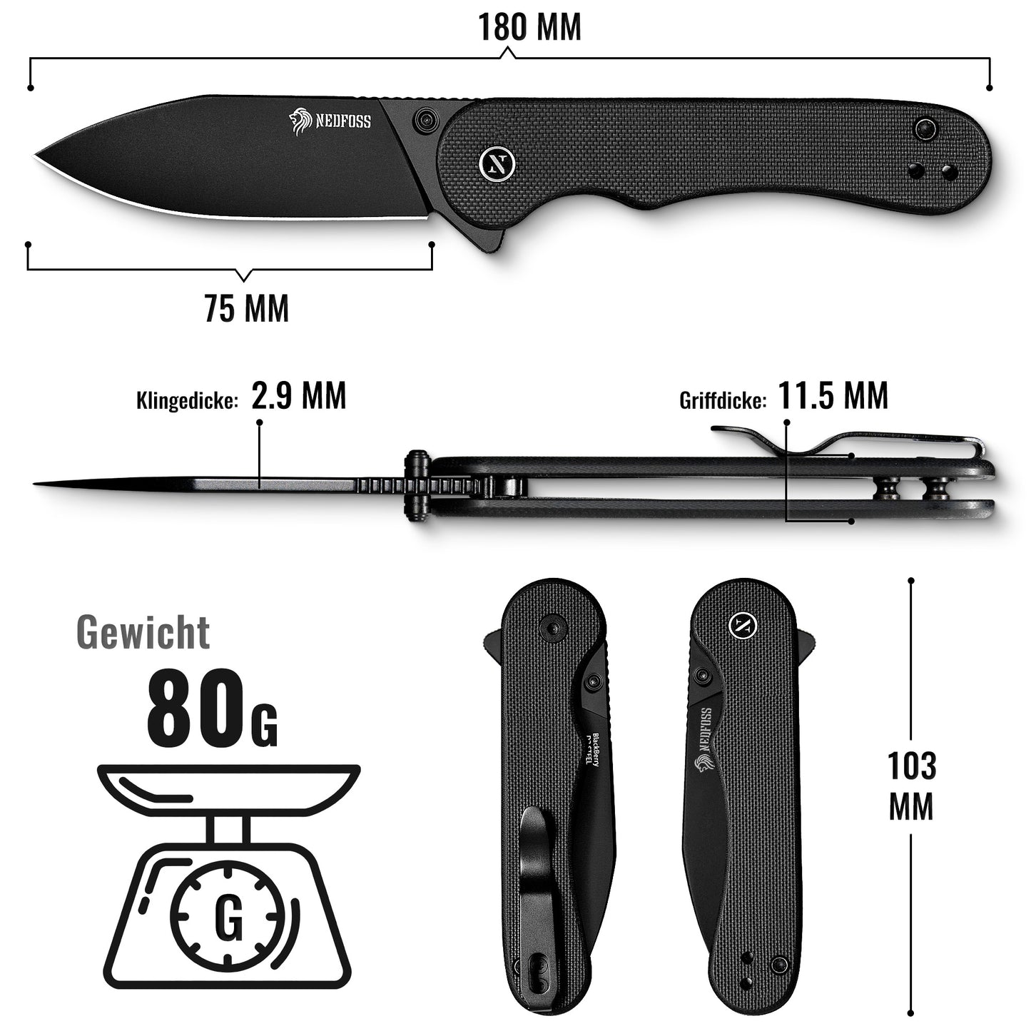 NedFoss BLACKBERRY Couteau pliant à une main, couteau pliant Slipjoint en acier D2 avec manche G10, couteau de poche légal conforme 42a, couteau EDC pour la vie quotidienne, collection et cadeau