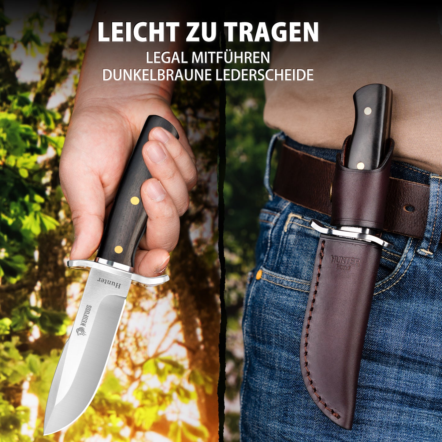 NedFoss HUNTER Couteau de chasse, 11 cm Couteau Bowie en D2 et manche en bois de rose avec étui en cuir exquis, Couteau de survie pour l'extérieur, Extra-tranchant (Noir)