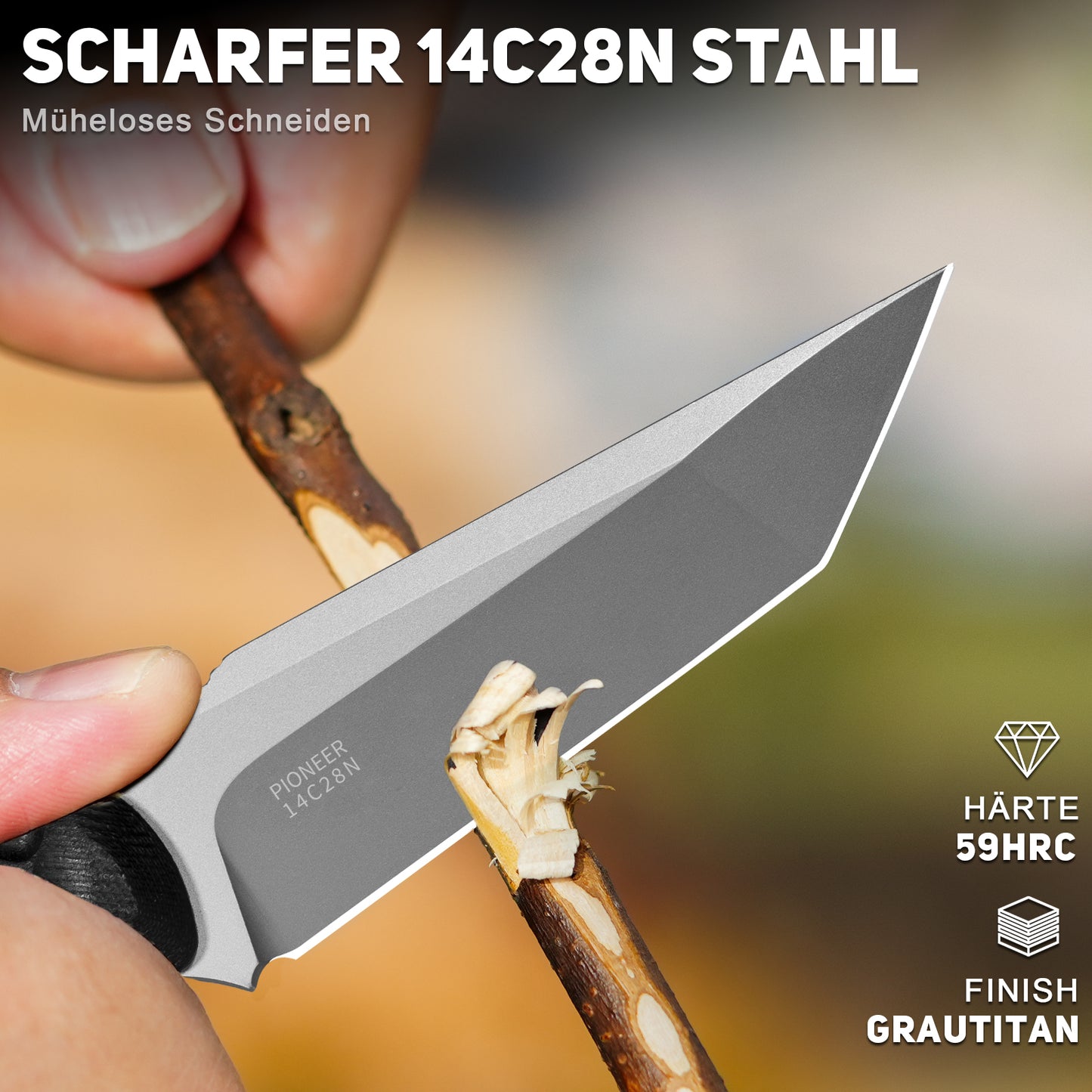 NedFoss PIONEER Hunting Knife, 8.5cm 14C28N Steel Full Tang Legal Outdoor Knife with G10 Handle & Adjustable Clip, Small Survival Knife with Kydex Sheath, Bushcraft knife 42a compliant, EDC Knife
